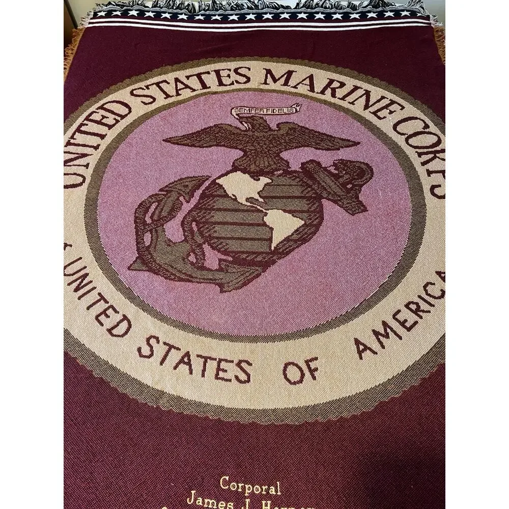 US Marine Corps USMC Personalized Military Veteran Woven Throw Blanket 48x68 VTG